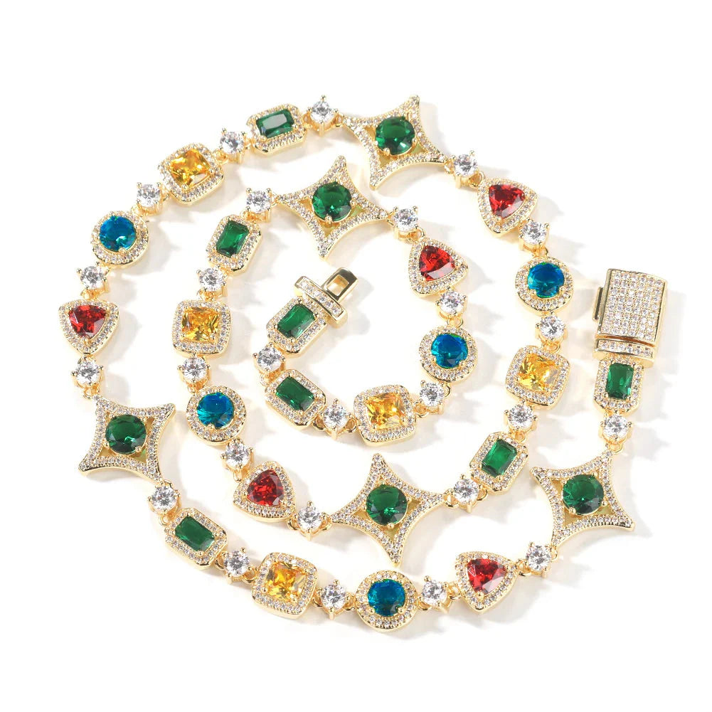 Iced Out Rainbow Necklace Women Heart/Star/Square Gemstones Link Chain Bracelets Fashion Jewelry