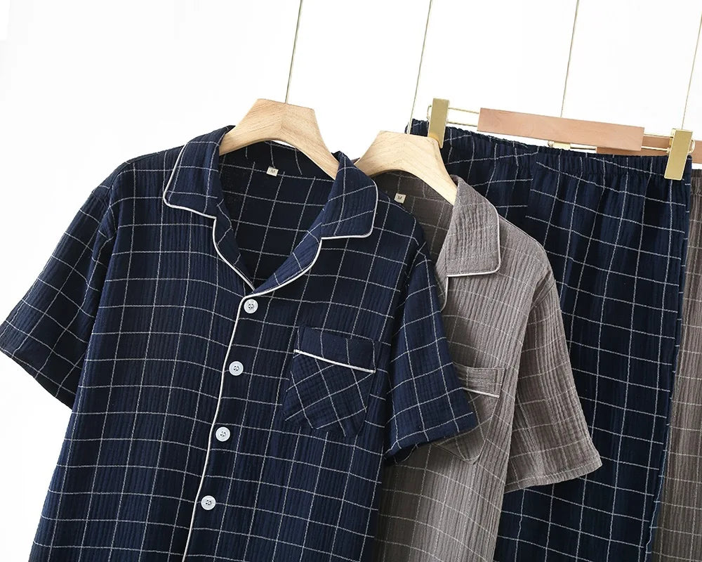 100% Cotton Summer Men Pajamas Japanese style  2 Piece Sleepwear