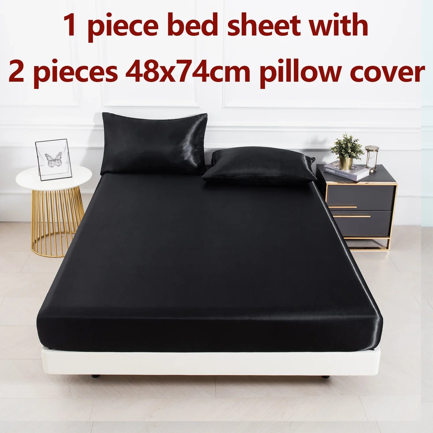 Satin Fitted Sheet Set 3-Piece (1 Fitted Sheet + 2 Pillowcases) Soft Breathable Solid Color Bedding