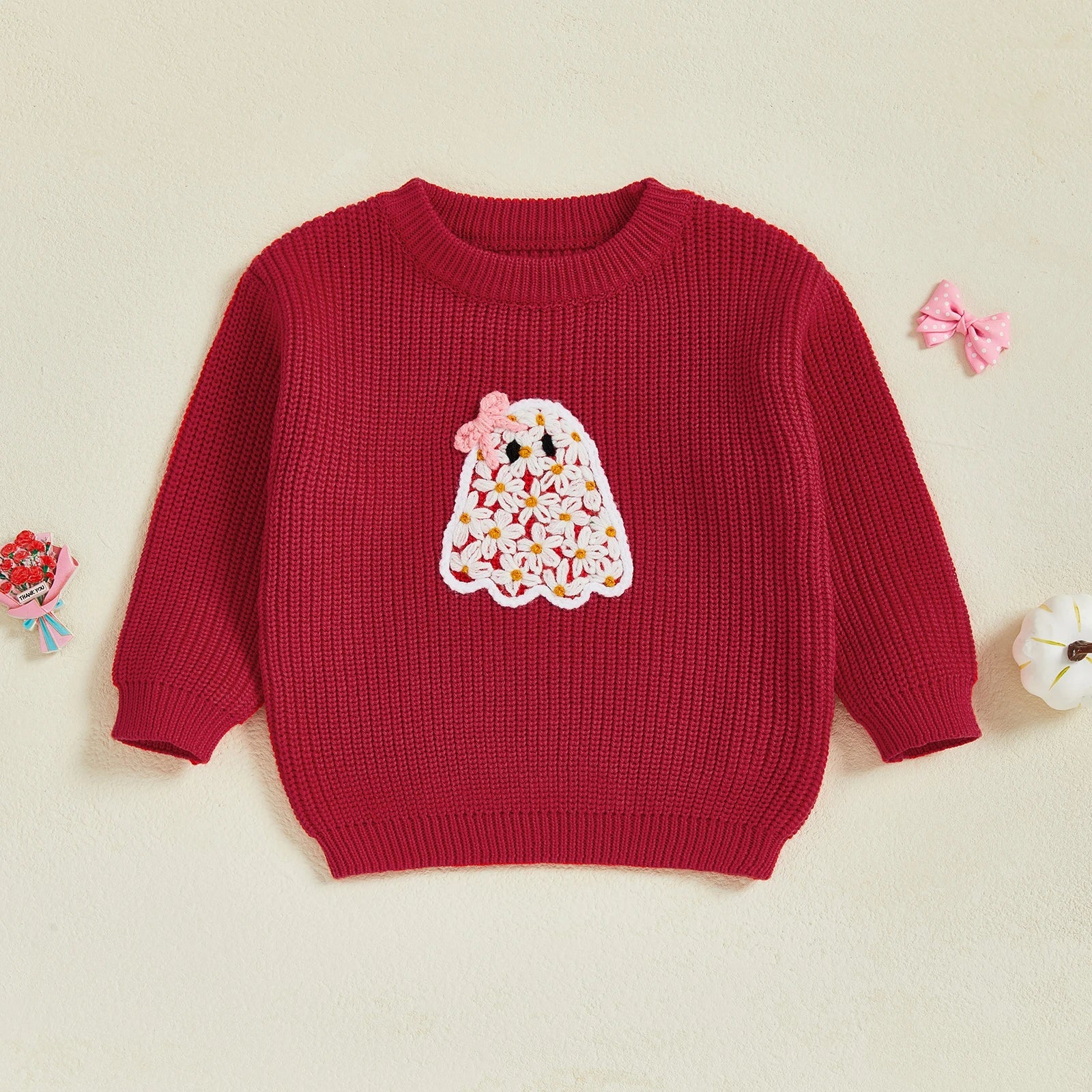 Baby Toddler Kids Girl Halloween Sweater Long Sleeve Round Neck Ghost Flower Embroidery Knit Pullover Top