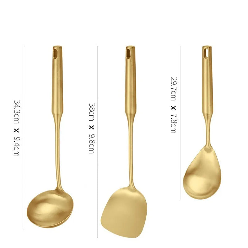 1/7Pcs Stainless Steel Kitchenware - Gold Soup Spoon Noodle Colander Hot Pot Spoon Rice Spoon Kitchen Cooking Frying Tool