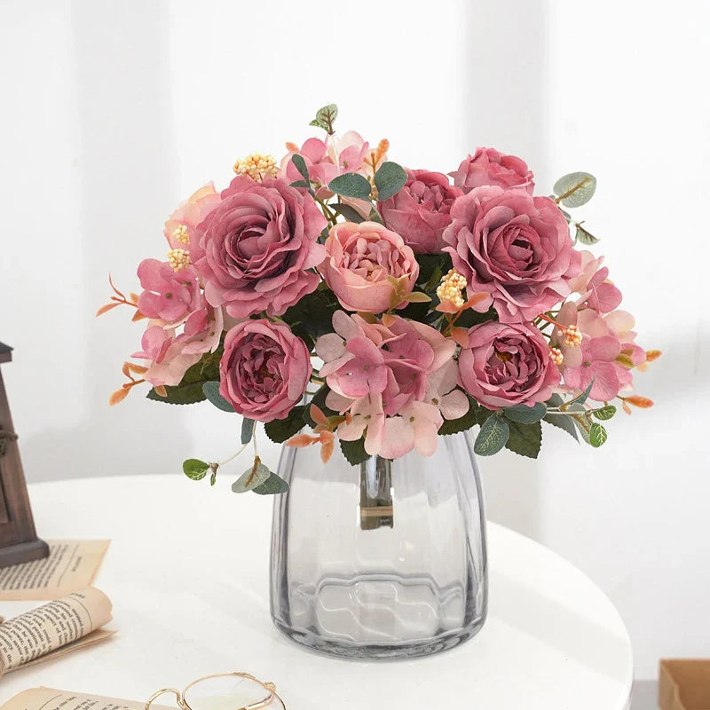 Artificial Flowers Retro Silk Rose Bouquet Hydrangea Peony Vintage Bride Holding Fake Plants Home Wedding Decoration Accessories