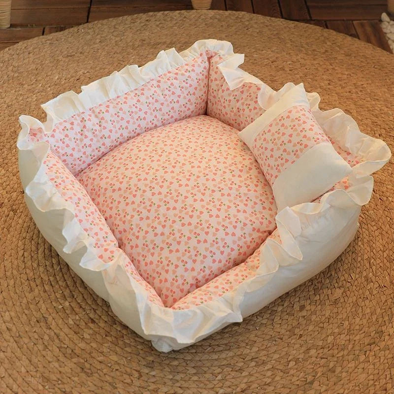 Pet Dog Lace Bed Cat Bed Cute Puppy Square Sleeping Cushion Bed Cat Sofa Warming Dog Nest with Pillow Washable Pet Bed S~L