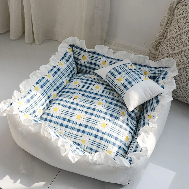 Pet Dog Lace Bed Cat Bed Cute Puppy Square Sleeping Cushion Bed Cat Sofa Warming Dog Nest with Pillow Washable Pet Bed S~L