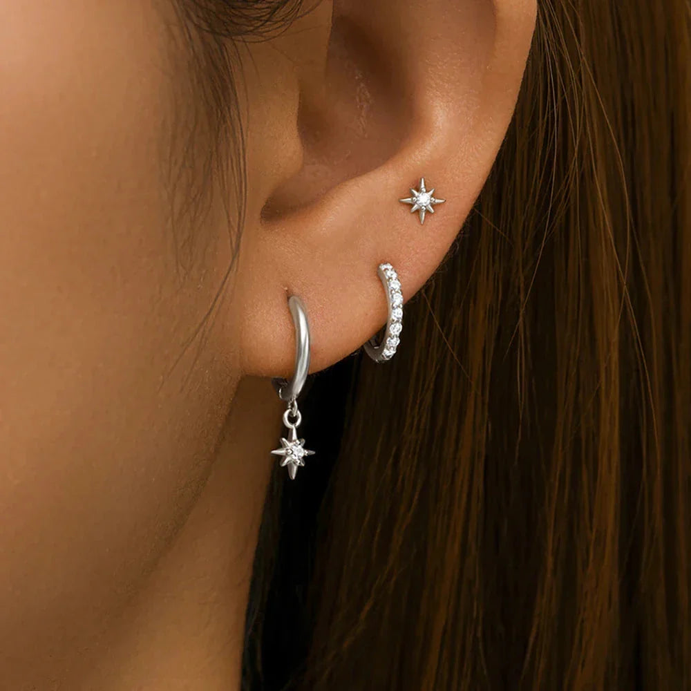 3-Piece Star Drop Earrings Set – 18K Gold Stainless Steel Dangle Jewelry