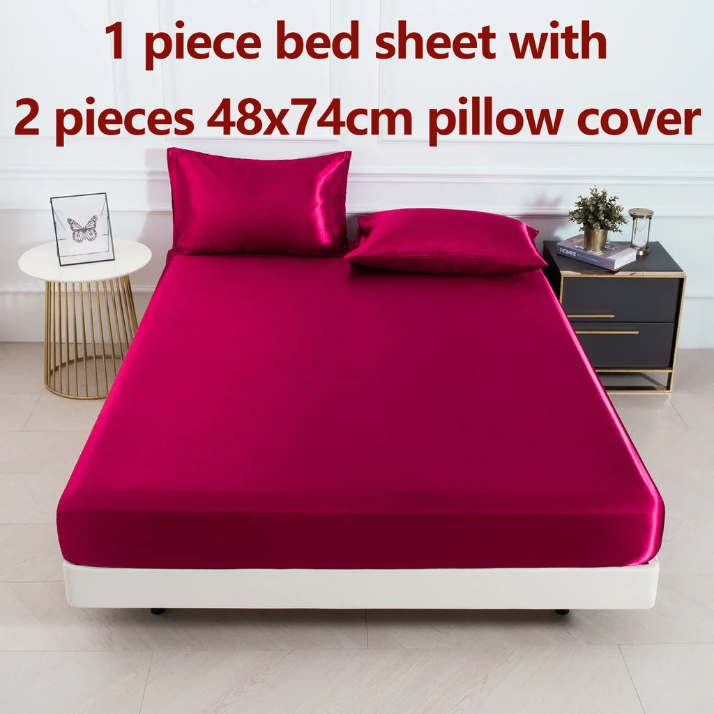 Satin Fitted Sheet Set 3-Piece (1 Fitted Sheet + 2 Pillowcases) Soft Breathable Solid Color Bedding