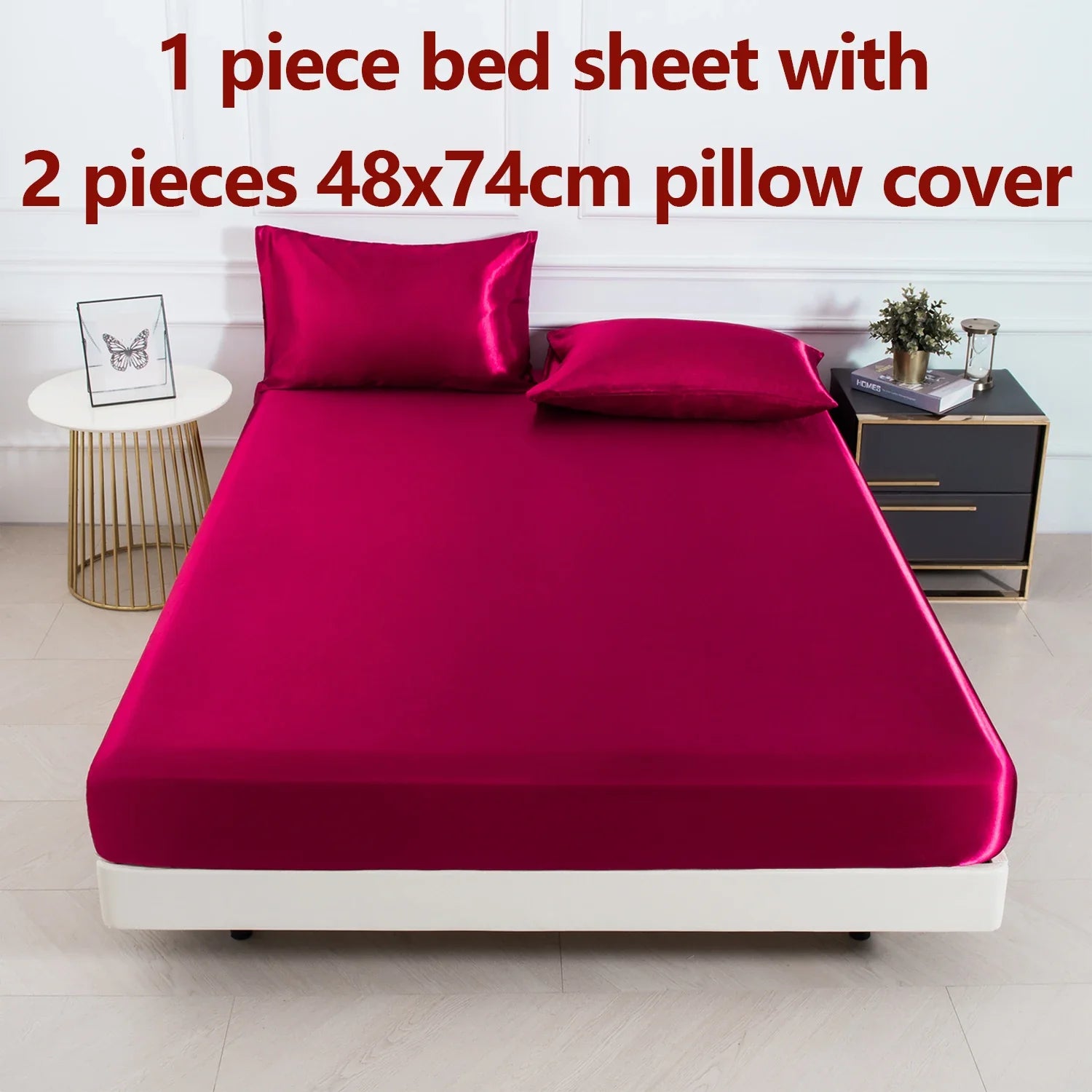 Satin Fitted Sheet Set 3-Piece (1 Fitted Sheet + 2 Pillowcases) Soft Breathable Solid Color Bedding