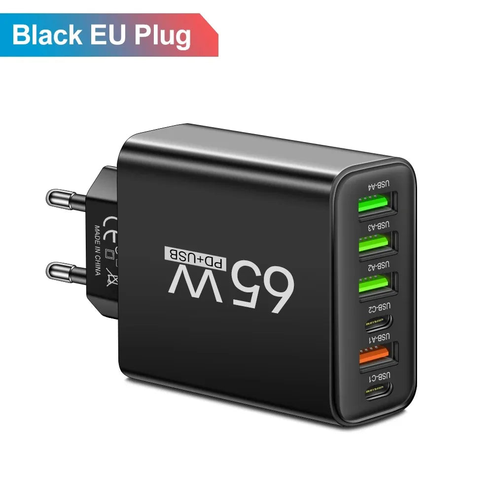 65W 6-Port USB Charger (2x USB-C + 4x USB-A) QC3.0 Fast Charge Travel Wall Adapter for Smartphones