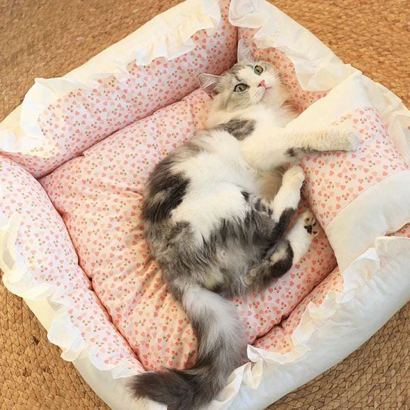 Pet Dog Lace Bed Cat Bed Cute Puppy Square Sleeping Cushion Bed Cat Sofa Warming Dog Nest with Pillow Washable Pet Bed S~L