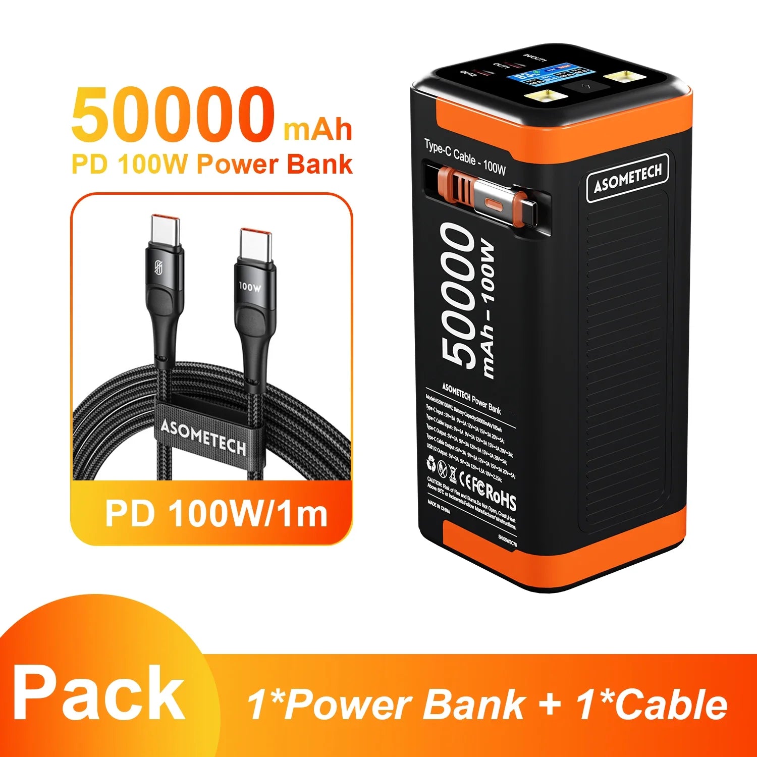 50,000mAh 100W Portable Power Bank with Retractable USB-C Cable – PD PPS Fast Charging for Phones & Laptops