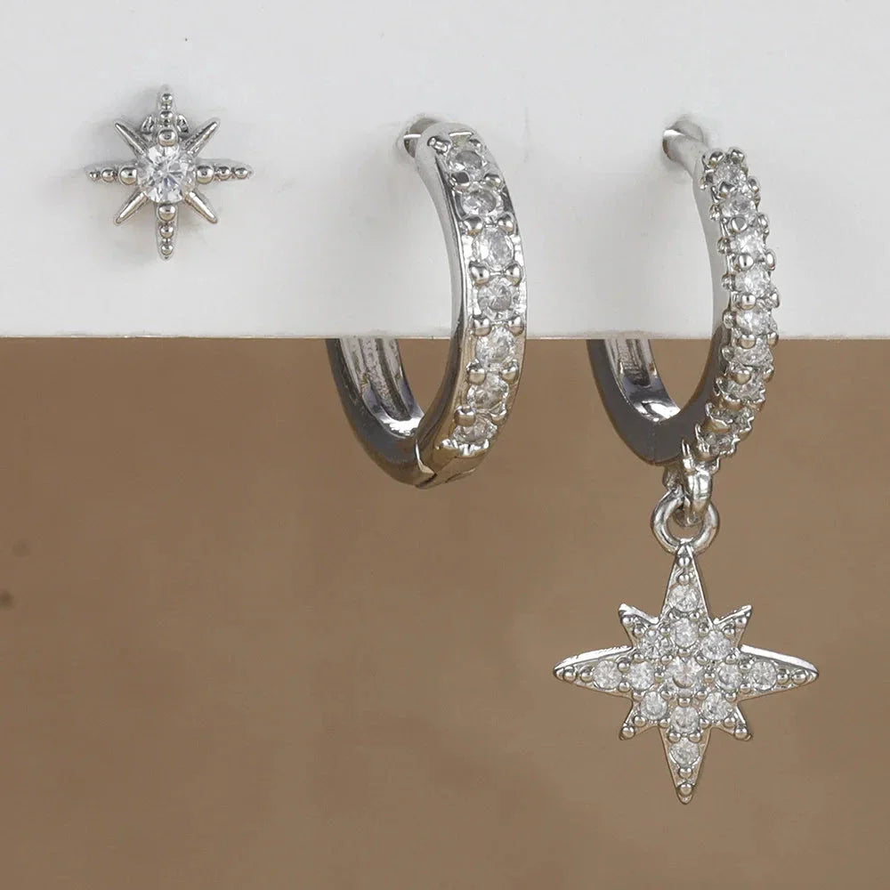3-Piece Star Drop Earrings Set – 18K Gold Stainless Steel Dangle Jewelry