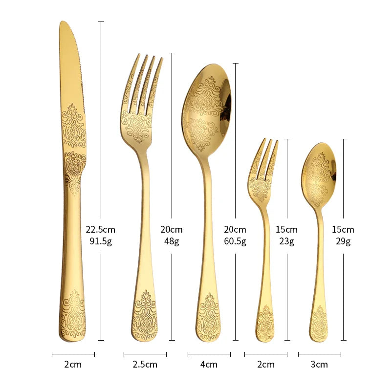 5Pcs Cutlery Set Stainless Steel Tableware Carving Golden Dinnerware