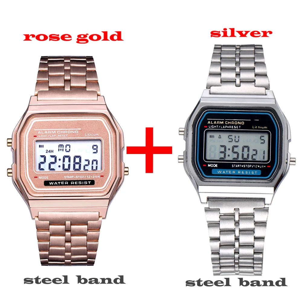 2Pcs Fashion Digital Men's Watches Gold Luxury Stainless Steel Link Bracelet Wrist Watch Band Business Electronic Male Clock
