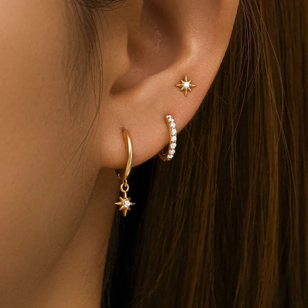 3-Piece Star Drop Earrings Set – 18K Gold Stainless Steel Dangle Jewelry