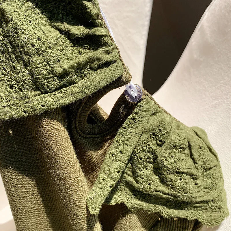 1-12 Years Girls Long Sleeve Lace T-Shirt – Spring Knitted Top with Ruffle Collar, Korean Style Children’s Shirt 2025