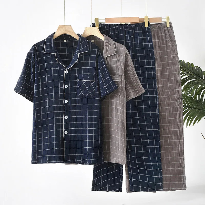 100% Cotton Summer Men Pajamas Japanese style  2 Piece Sleepwear