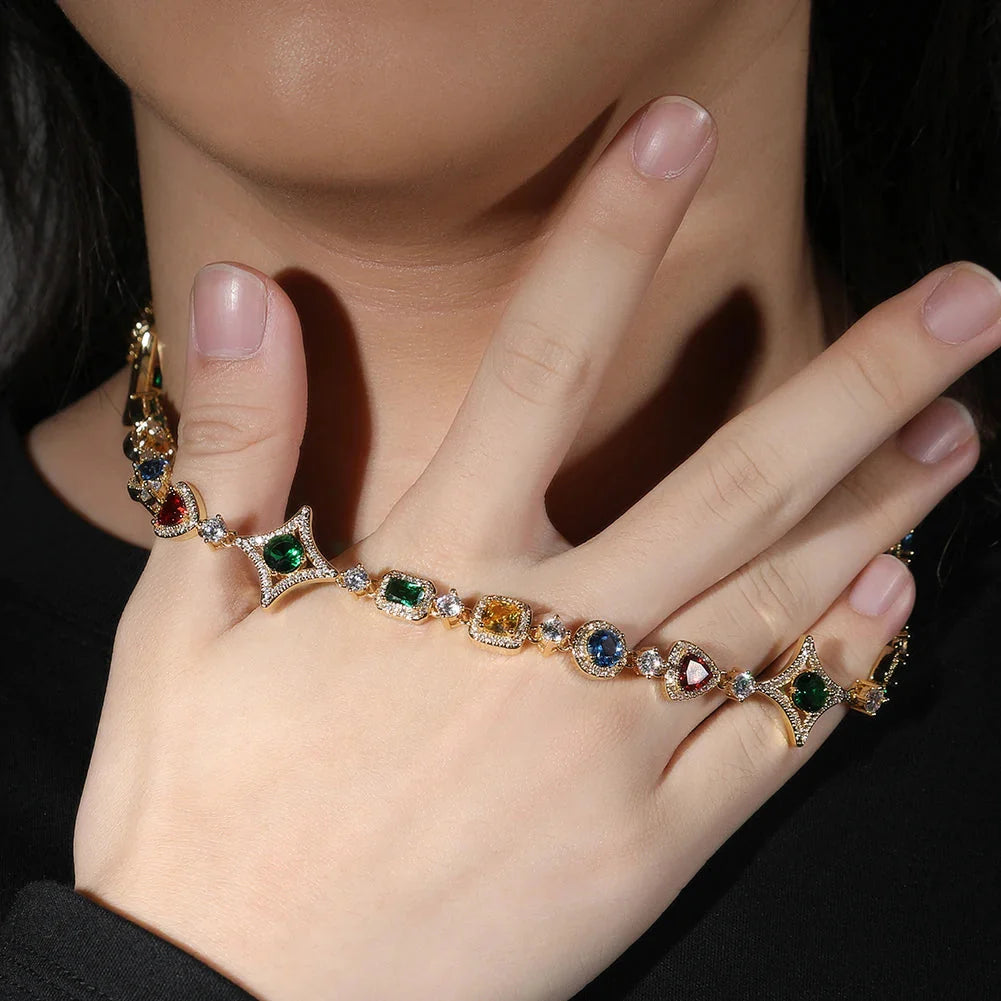 Iced Out Rainbow Necklace Women Heart/Star/Square Gemstones Link Chain Bracelets Fashion Jewelry