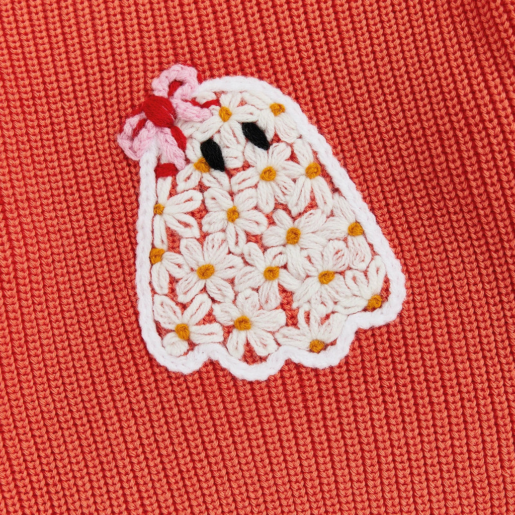 Baby Toddler Kids Girl Halloween Sweater Long Sleeve Round Neck Ghost Flower Embroidery Knit Pullover Top