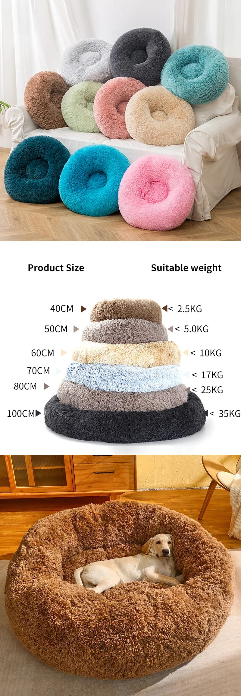 40-100cm Home Round Pet Bed for Large Dog Bed Super Soft Cat Bed Long Plush Dog House for Medium Dog House Winter Warm Sleeping