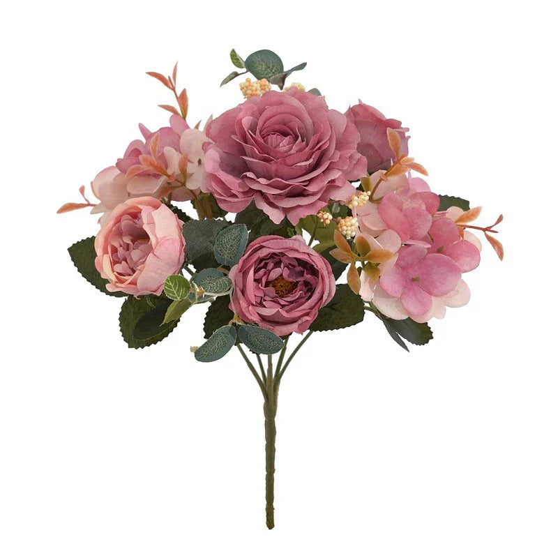 Artificial Flowers Retro Silk Rose Bouquet Hydrangea Peony Vintage Bride Holding Fake Plants Home Wedding Decoration Accessories