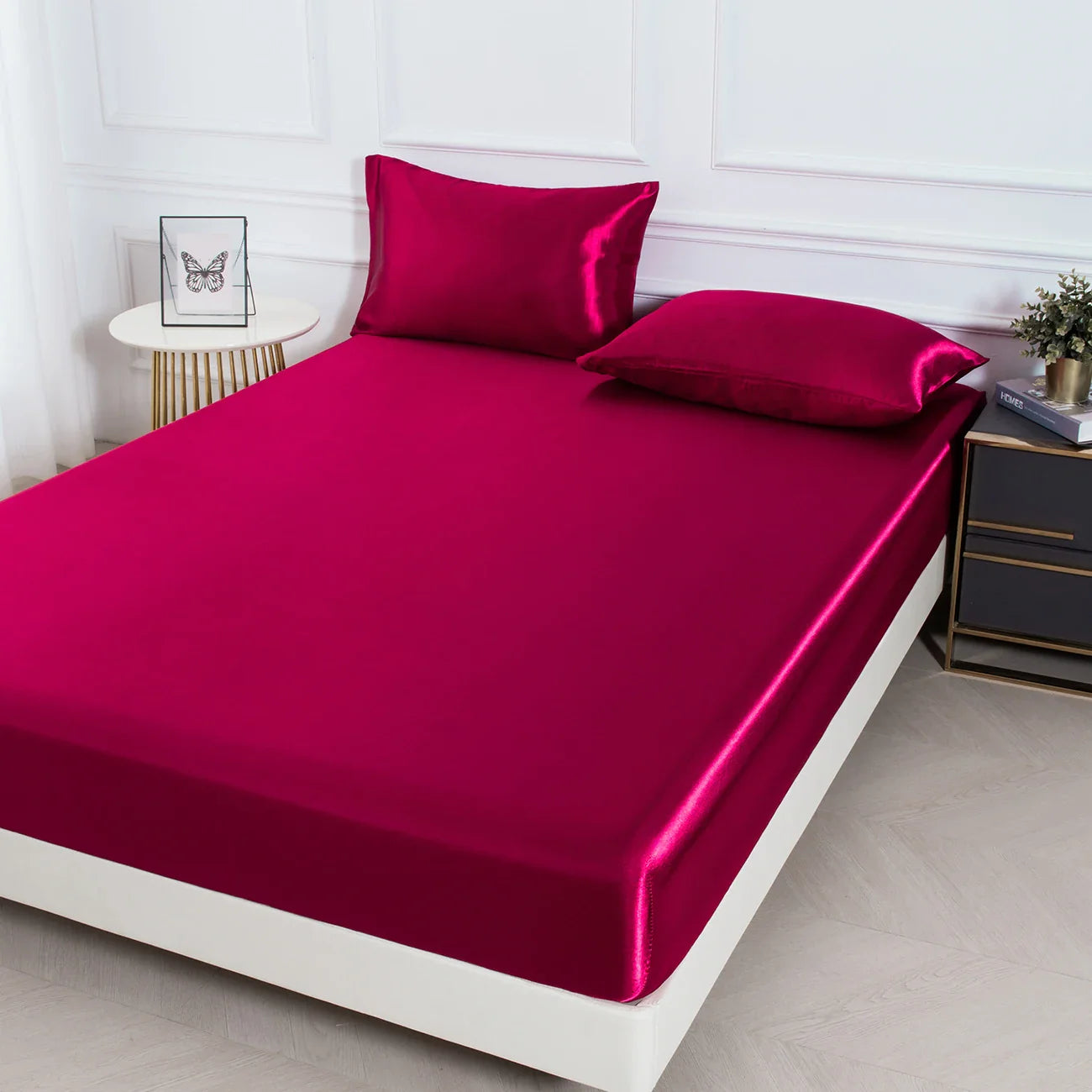 Satin Fitted Sheet Set 3-Piece (1 Fitted Sheet + 2 Pillowcases) Soft Breathable Solid Color Bedding