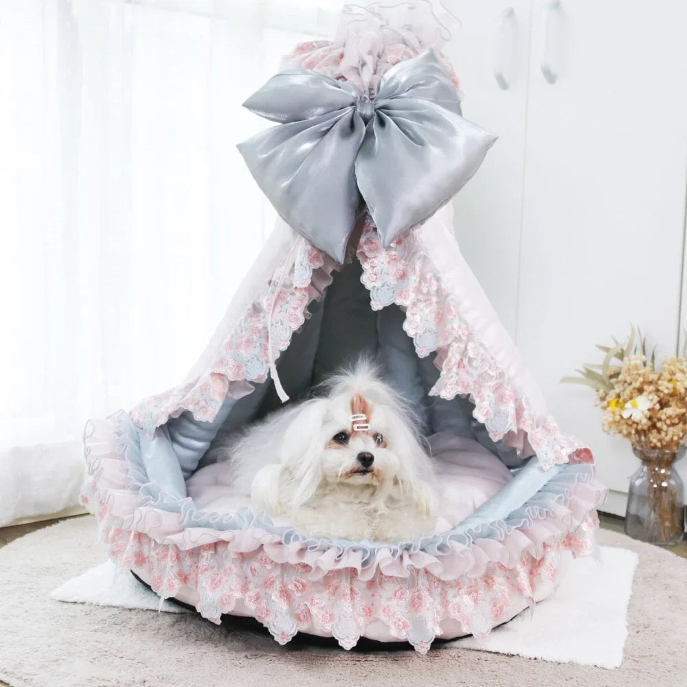 Palace Victorian Pet Bed: Converts to Tent/Sofa | Satin Shimmer Fabric | Cat & Dog Friendly | Semi-Enclosed & Detachable
