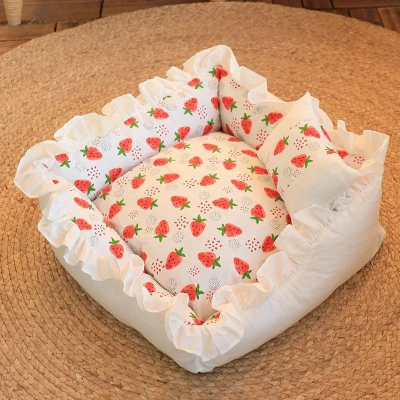Pet Dog Lace Bed Cat Bed Cute Puppy Square Sleeping Cushion Bed Cat Sofa Warming Dog Nest with Pillow Washable Pet Bed S~L