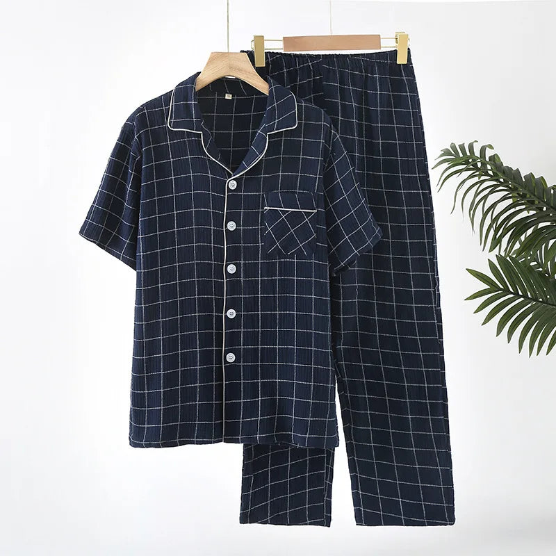 100% Cotton Summer Men Pajamas Japanese style  2 Piece Sleepwear
