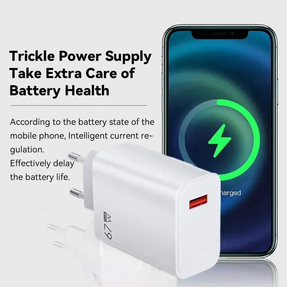 67W USB GaN Fast Charger - High-Speed Portable Wall Adapter with USB-C & USB-A Quick Charge for Smartphones