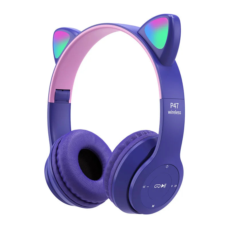Flash Lamp Cute Cat Ears Headphone Bluetooth5.0 Stereo With Mic Support TF Card Wireless Kids Girl Earphone Birthday Gift