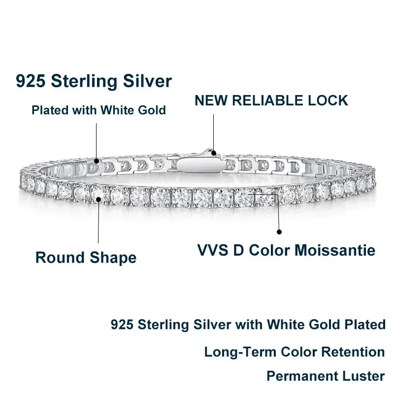 NeeTim 3mm 4mm 5mm 6.5mm Moissanite Tennis Bracelet Original s925 Sterling Silver Lab Diamond Bracelets for Women Men Chains