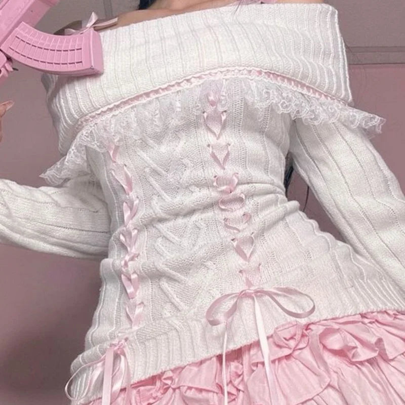 Coquette Off Shoulder Ribbon Sweater