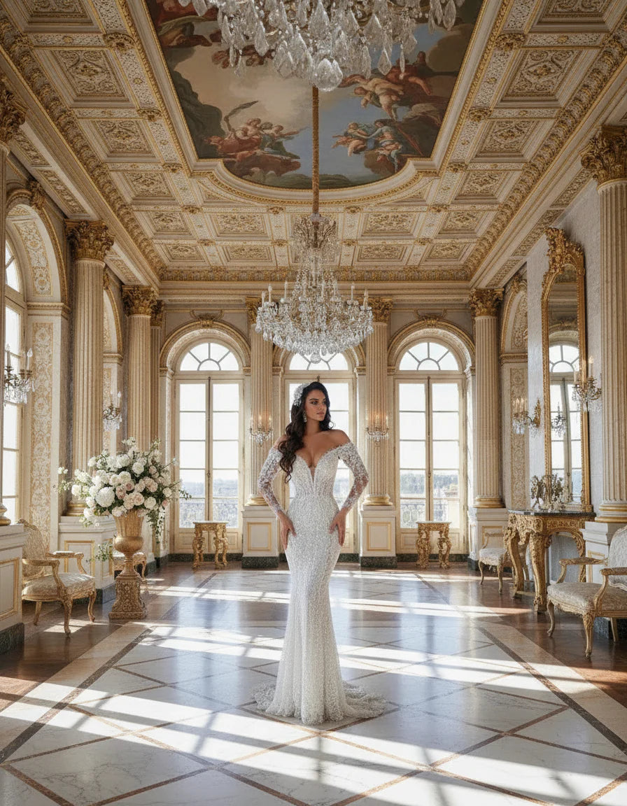 Customized Luxury Shoulder Beads Sequins Wedding Dresses with Detachable Train