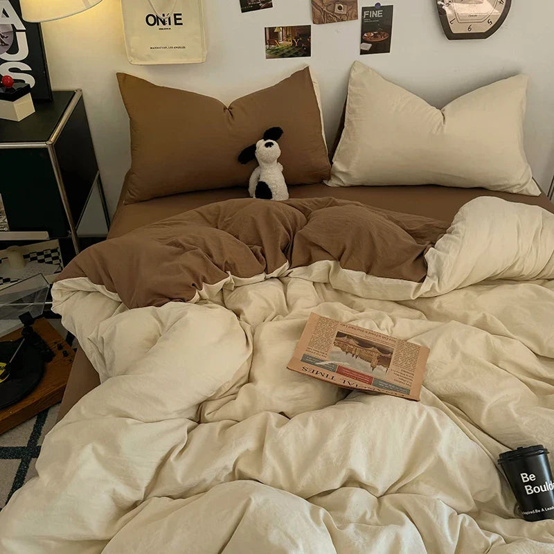 Washed Cotton Bedding Set with Pillowcase bed sheet Single Full Size Bed Linen Duvet Cover Set Queen/King Double Single Bed