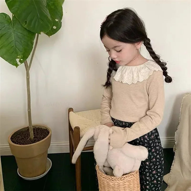 1-12 Years Girls Long Sleeve Lace T-Shirt – Spring Knitted Top with Ruffle Collar, Korean Style Children’s Shirt 2025