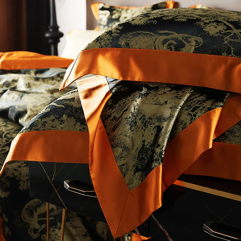 4/6Pcs Luxury Beige Gold Brocade Jacquard Egyptian Cotton Bedding Set Duvet Cover Flat/Fitted Bed Sheet Pillowcases