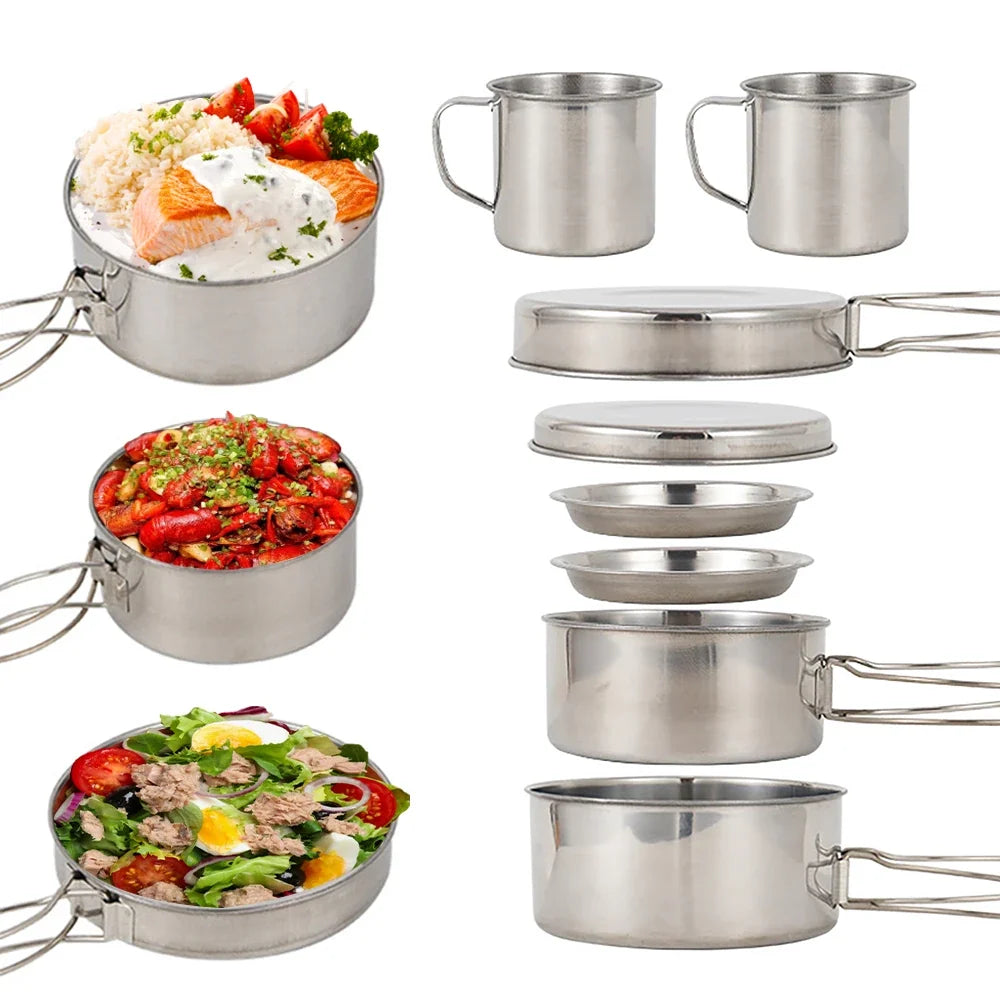 8pcs/set Camping Cookware Mess Kit Stainless Steel Cooking Pot and Pan