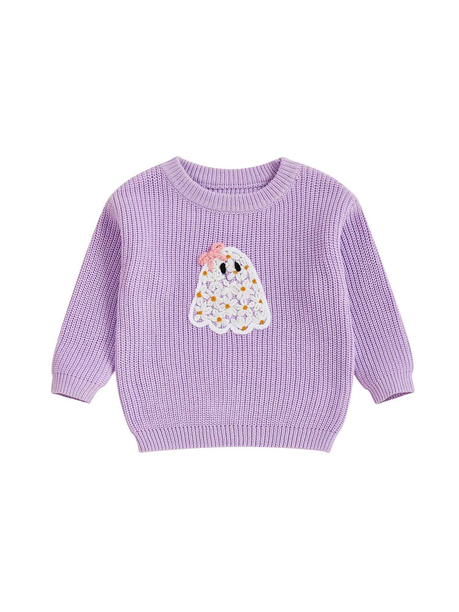 Baby Toddler Kids Girl Halloween Sweater Long Sleeve Round Neck Ghost Flower Embroidery Knit Pullover Top