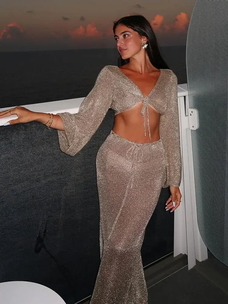 Metallic Gold Tank Top Long Skirt Knit 2 Piece Set