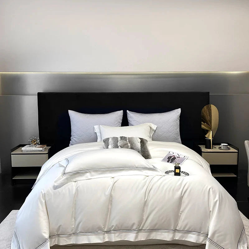 Luxury Three-line Embroidery Solid Color 1000TC Egyptian Cotton Bedding Set Duvet Cover Bed Sheet/Fitted Sheet Pillowcases 4Pcs