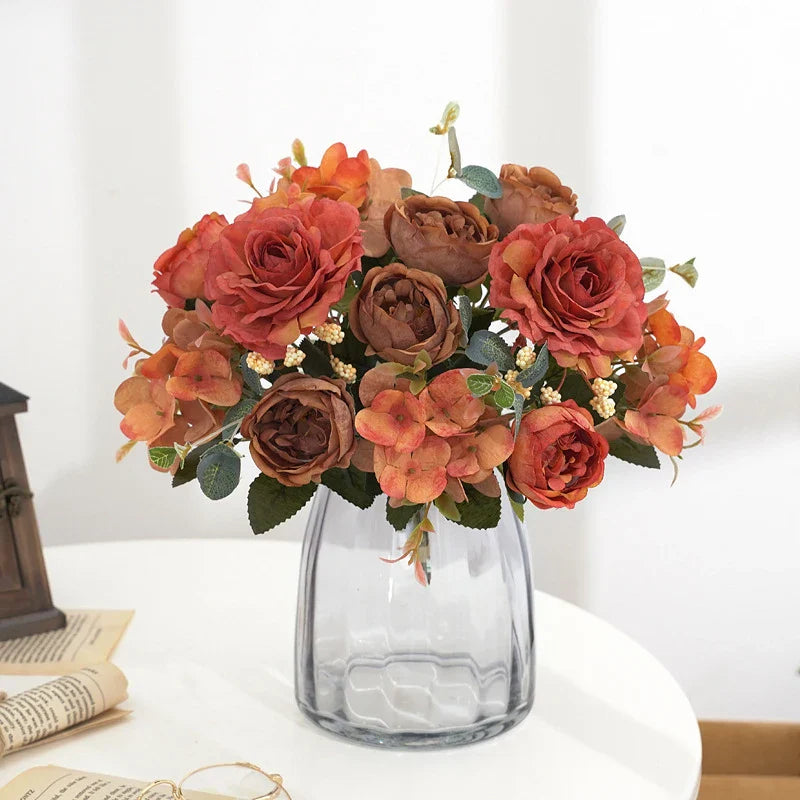 Artificial Flowers Retro Silk Rose Bouquet Hydrangea Peony Vintage Bride Holding Fake Plants Home Wedding Decoration Accessories