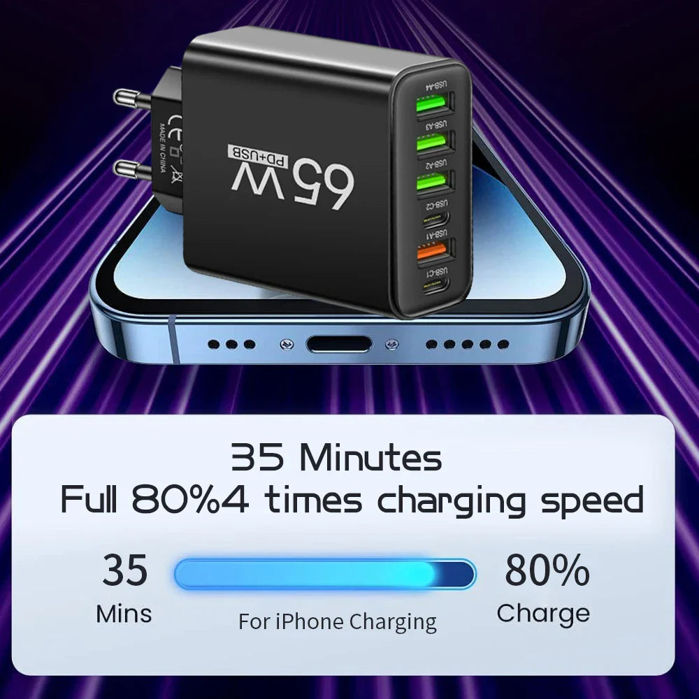 65W 6-Port USB Charger (2x USB-C + 4x USB-A) QC3.0 Fast Charge Travel Wall Adapter for Smartphones