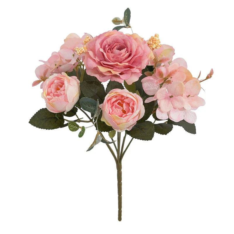Artificial Flowers Retro Silk Rose Bouquet Hydrangea Peony Vintage Bride Holding Fake Plants Home Wedding Decoration Accessories