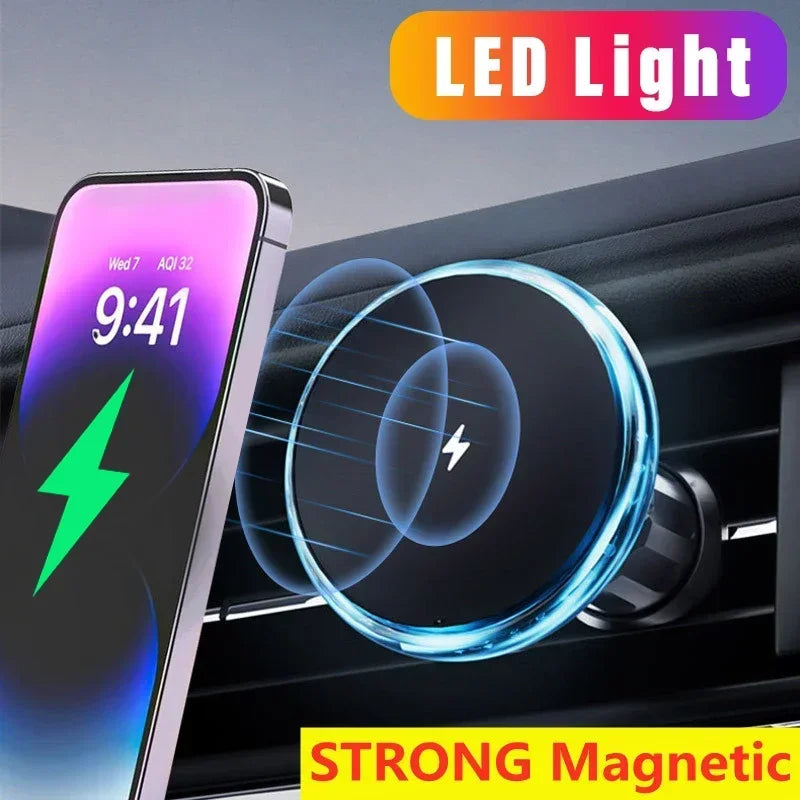 Magnetic Car Wireless Charger LED Light Car Phone Holder Stand for iPhone 15 14 13 12 Pro Max Car Chargers Fast Charging Station