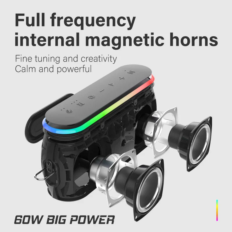 60W Bluetooth Wireless Speaker – Dual Bass, IPX7 Waterproof, 6600mAh Power Bank, Outdoor Loudspeaker for Smartphone & TV