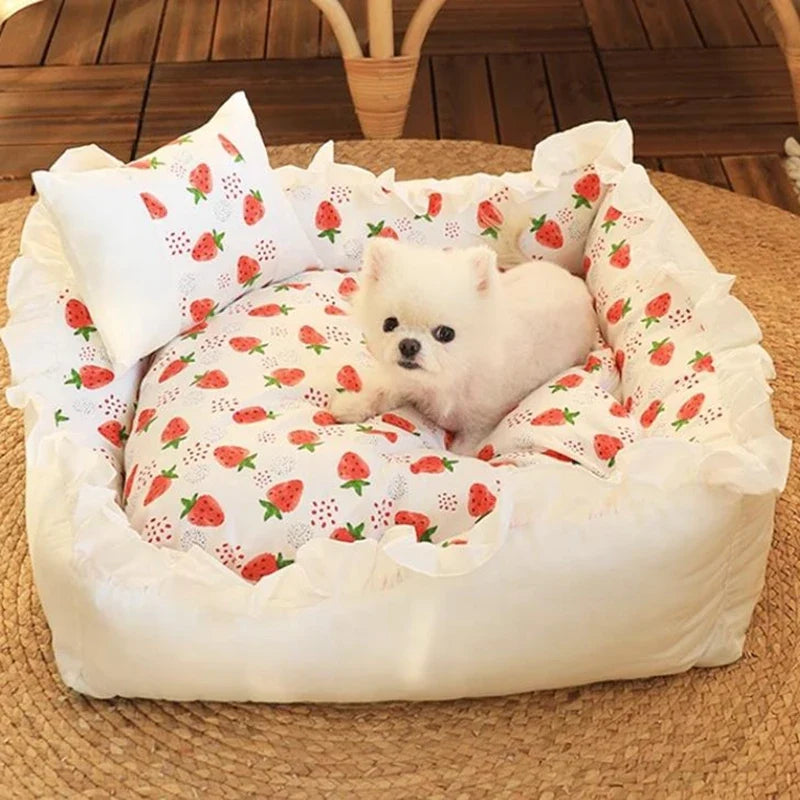 Pet Dog Lace Bed Cat Bed Cute Puppy Square Sleeping Cushion Bed Cat Sofa Warming Dog Nest with Pillow Washable Pet Bed S~L