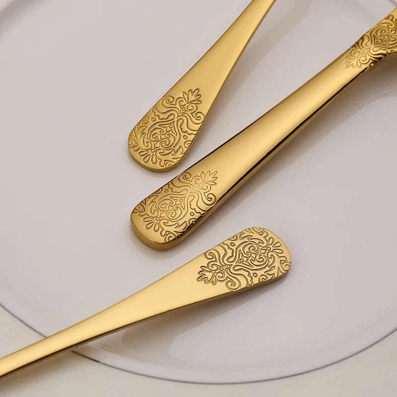 5Pcs Cutlery Set Stainless Steel Tableware Carving Golden Dinnerware