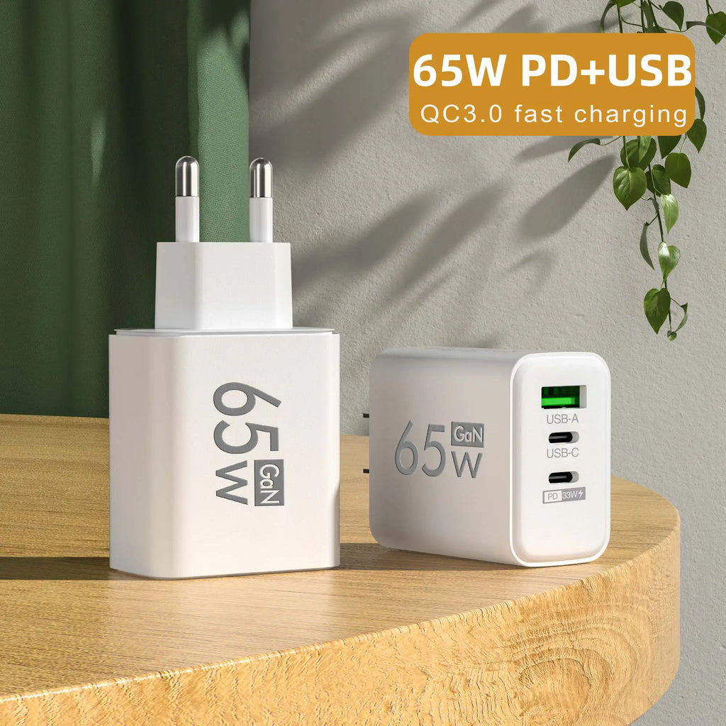 65W GaN USB Fast Charger — Quick Travel Power Adapter for iOS & Android Phones, Tablets & Laptops