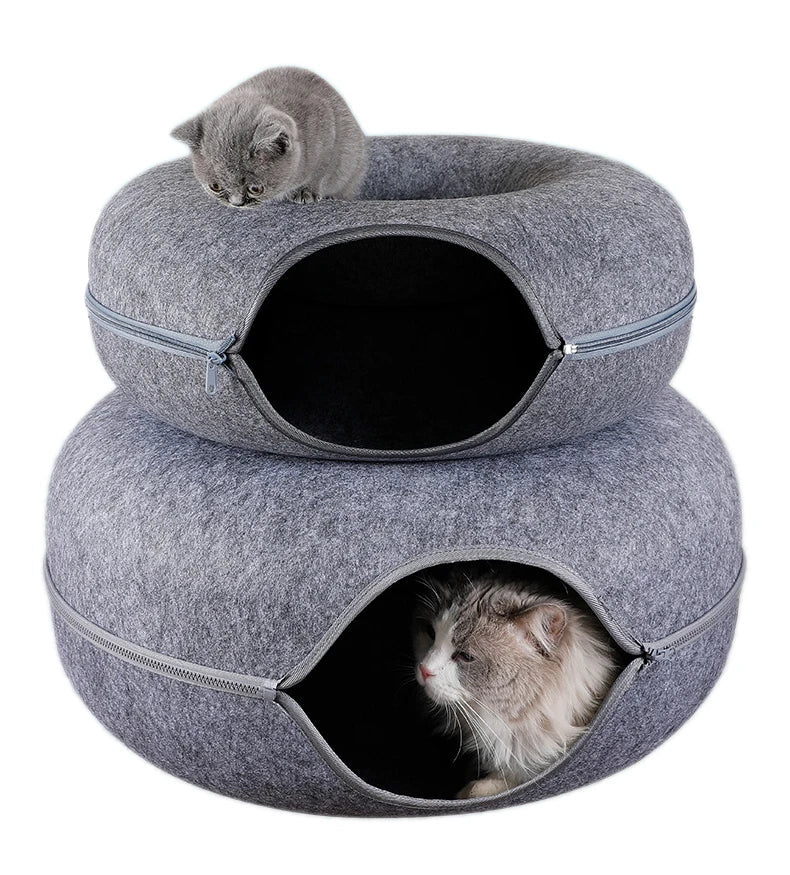 Donut Cat Tunnel Bed Pets House Natural Felt Pet Cat Cave Interactive Toys Round Wool Felt Pet Bed Cat Training Toy Cat House