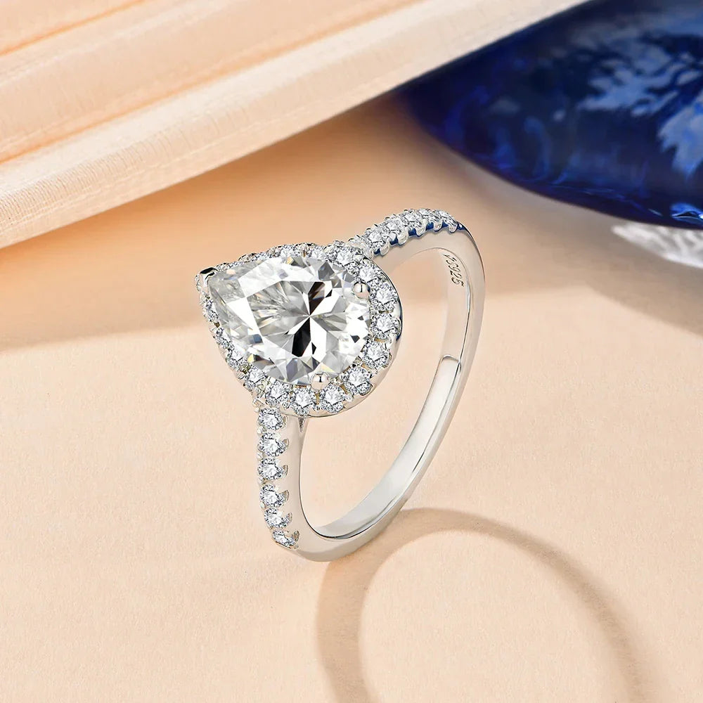 MINTYBOX Pear Cut 2.0CT Luxury Moissanite Ring Solid 925 Sliver 18K Gold Plated Engagement Halo Ring for Women Fine Jewelry Gift